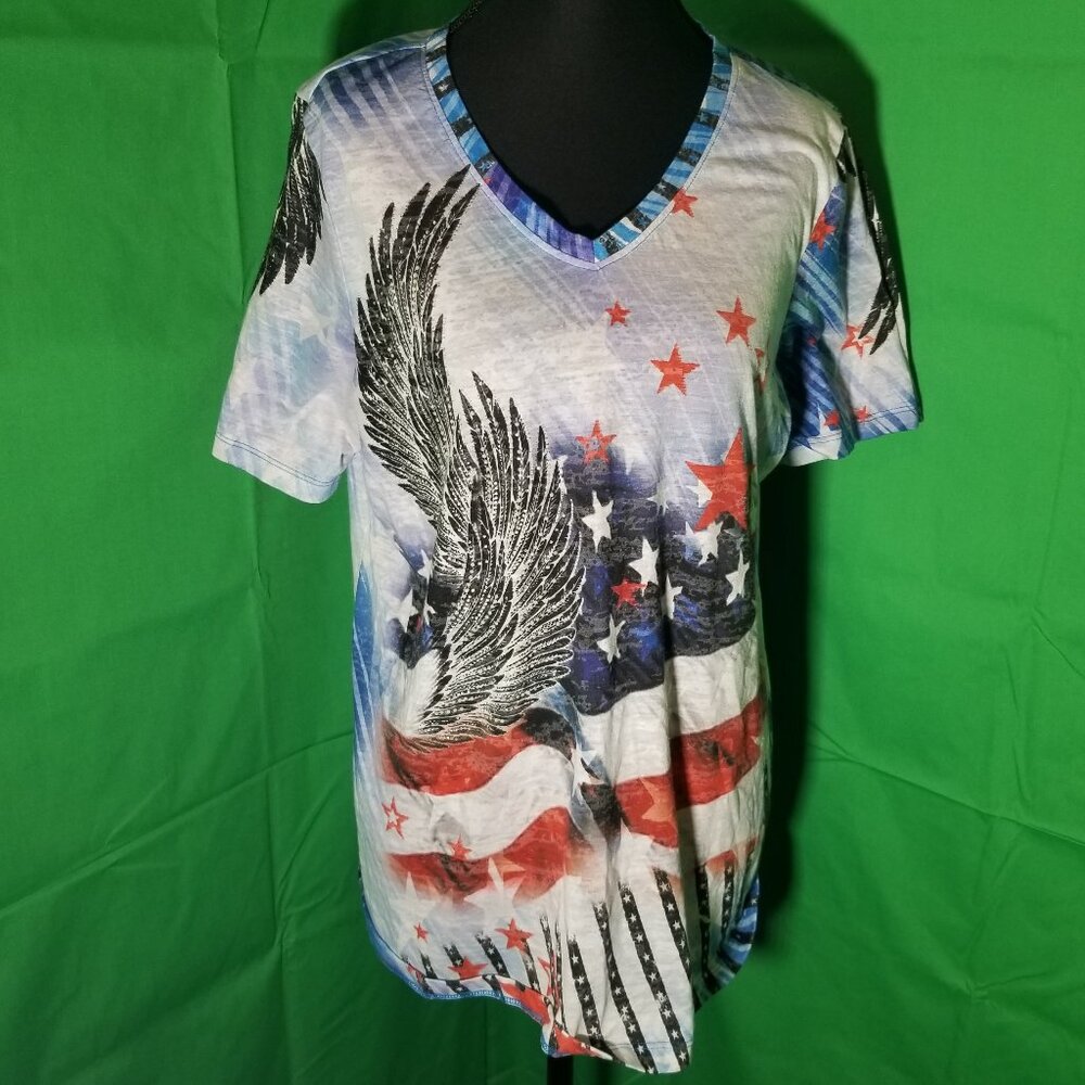 Avenue Womens Size 14/16 V Neck Short Sleeve Studded 4th of July Patriotic Stars